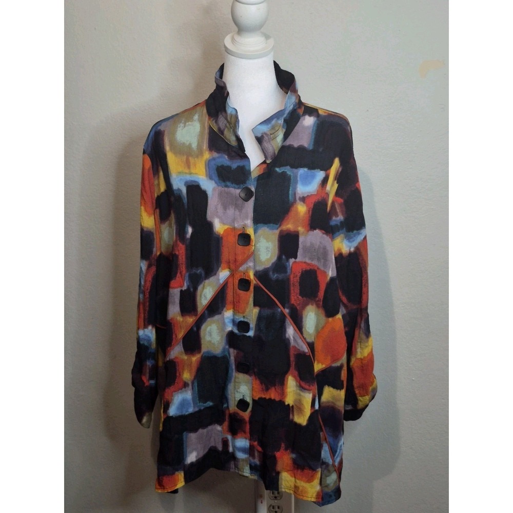 Ali Miles 1X Abstract Print Button Up Shirt Roll Tab Sleeve Artsy Boho Lagenlook - Picture 2 of 6